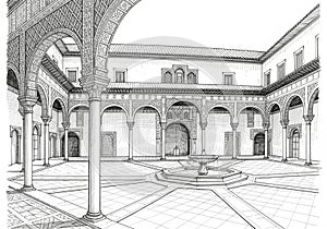 AI-generated illustration of a courtyard resembling Andalusian architecture. Features include a