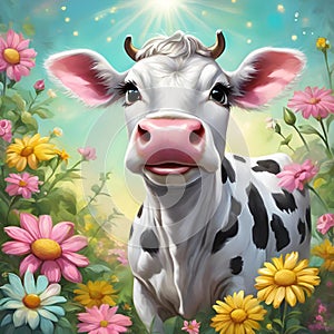 AI generated illustration of a cow standing in grass with flowers, rural scenery