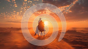 AI generated illustration of a cowboy on horseback riding through sandy dunes at sunset