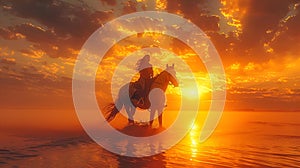 AI generated illustration of a cowboy on horseback riding through sandy dunes at sunset