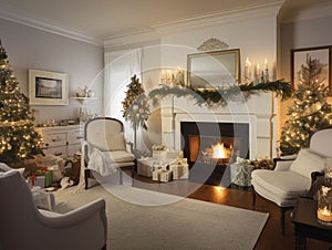 AI-generated illustration of a cozy living room featuring a fireplace with Christmas decorations.