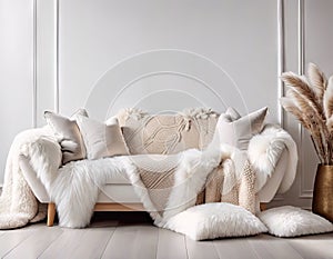 AI generated illustration of a cozy white, furred sofa with pillows