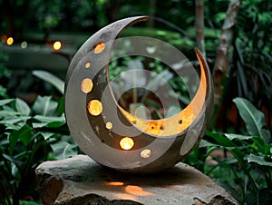 AI generated illustration of a crescent moon firepit glowing in a green garden