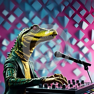 AI generated illustration of a crocodile DJ playing music