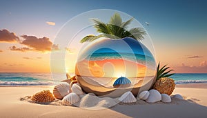 AI generated illustration of a crystal ball reflecting sandy beach with palm tree at sunset