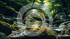 AI generated illustration of a crystal ball on a rock reflecting a forest on a sunny day