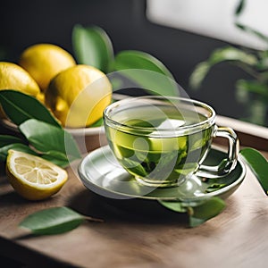 AI-generated illustration of a cup of aromatic tea with lemon slices