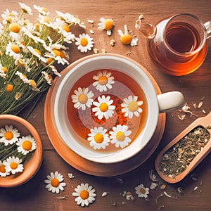 AI generated illustration of a cup of chamomile tea on a wooden table