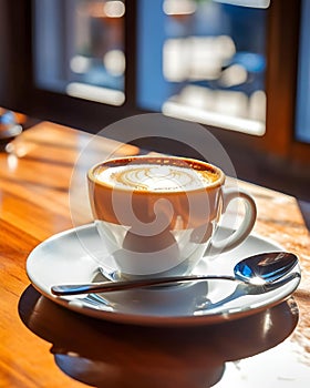 AI generated illustration of a cup of coffee on a white saucer with a silver spoon on a wooden table