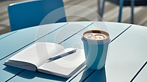 AI generated illustration of a cup of coffee on a wooden blue table with a blank notebook and a pen