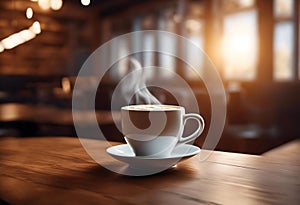 AI generated illustration of a cup of freshly brewed steaming hot coffee placed on a wooden table