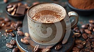 AI generated illustration of a cup of hot chocolate with cacao nuts and chocolate