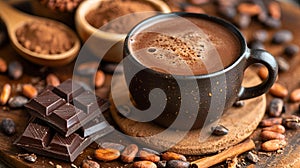 AI generated illustration of a cup of hot chocolate with cacao nuts and chocolate