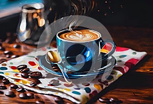 AI generated illustration of a cup of hot chocolate next to coffee beans and a coffee on a cloth