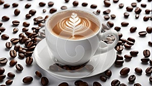 AI generated illustration of a cup of a steaming hot cup of coffee, surrounded by roasted beans