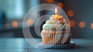 AI generated illustration of a cupcake adorned with creamy white frosting and a glowing candle