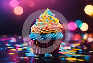 AI generated illustration of a cupcake with blue frosting on the side