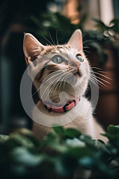AI generated illustration of a curious cat sitting in green plants