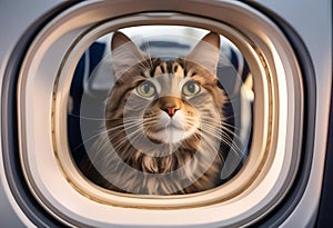 AI generated illustration of a curious feline gazing attentively through the airplane window