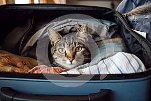 AI generated illustration of A curious feline peeks out playfully from within an open suitcase