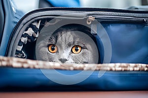 AI generated illustration of A curious feline peeks out playfully from within an open suitcase