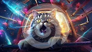 AI generated illustration of A curious feline peers out of the window of a high-tech spacecraft.