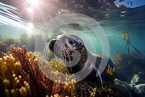 AI-generated illustration of a curious seal beneath the surface of the water.