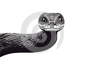 AI generated illustration of a curious snake gazing directly at the viewer on a white background