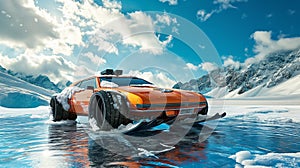 AI generated illustration of custom orange ski car that can drive on ice, snow and water