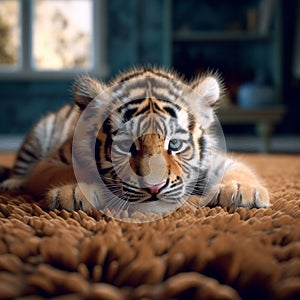 AI generated illustration of a cute and cuddly tiger cub atop a cozy rug, gazing inquisitively