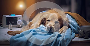 AI generated illustration of a cute dog snuggling under a cozy blanket while sleeping on a bed