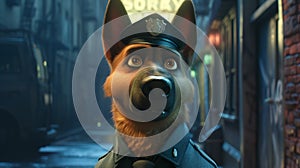 AI generated illustration of a cute and friendly cartoon police dog with a badge