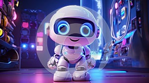 AI generated illustration of a cute futuristic robot toy in neon lights