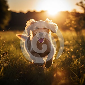 AI-generated illustration of a cute golden retriever puppy running through a green field.