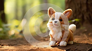 AI generated illustration of a cute plushy of a Corgi dog in brightly lit woodlands