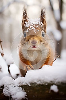 AI generated illustration of a cute, red-furred squirrel atop a snow-covered mound