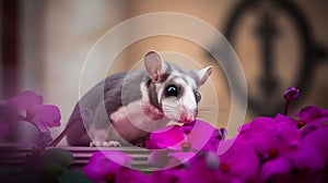 AI-generated illustration of a cute sugar glider perched atop a tree branch with pink flowers.