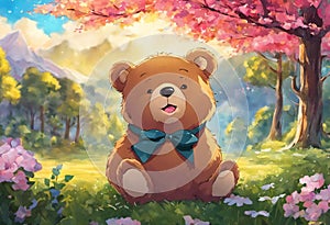 AI generated illustration of a cute teddy bear in a garden surrounded by colorful flowers