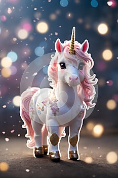 AI generated illustration of a cute unicorn on a bokeh background