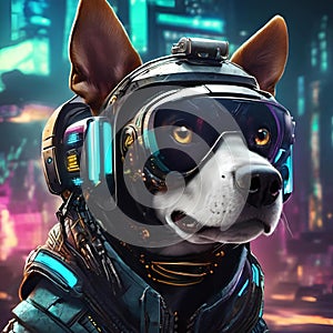 AI generated illustration of a cyberpunk dog wearing goggles stands in front of neon-lit backdrop