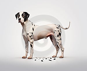 AI generated illustration of a Dalmatian dog standing on a floor with black and white spots