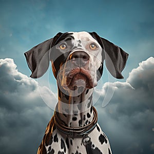 ai generated illustration on dalmatien dog closeup portrait on cloudy sky