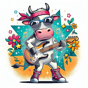 AI generated illustration of a dancing and pop artist cow, playing guitar with dark goggles