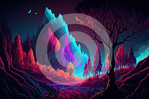 AI generated illustration of a dark-colored mysterious forest with high mountains at night