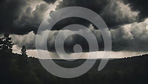 AI generated illustration of dark storm clouds hovering menacingly above a serene landscape