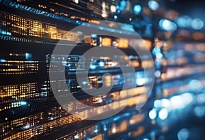 AI generated illustration of a data center with illuminated server racks and colorful lights