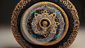 AI generated illustration of a decorative black and gold circle showcased centrally