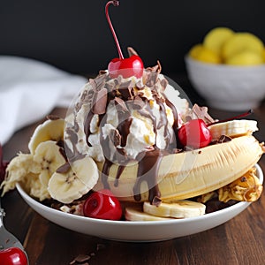 AI-generated illustration of a delicious banana split with cherries and rich melted chocolate