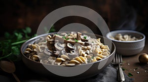 AI generated illustration of a delicious bowl of mushroom and pasta dish