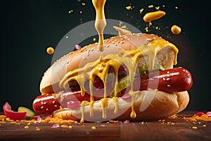 AI generated illustration of a delicious hot dog on a bun, smothered with tangy yellow mustard